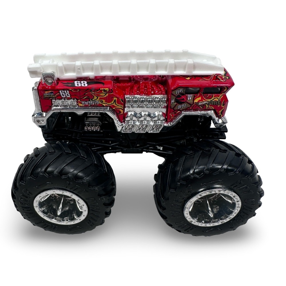 Hot Wheels Monster Trucks 5 Alarm Fire Truck 68 Red Chrome Flames Silver Wheels